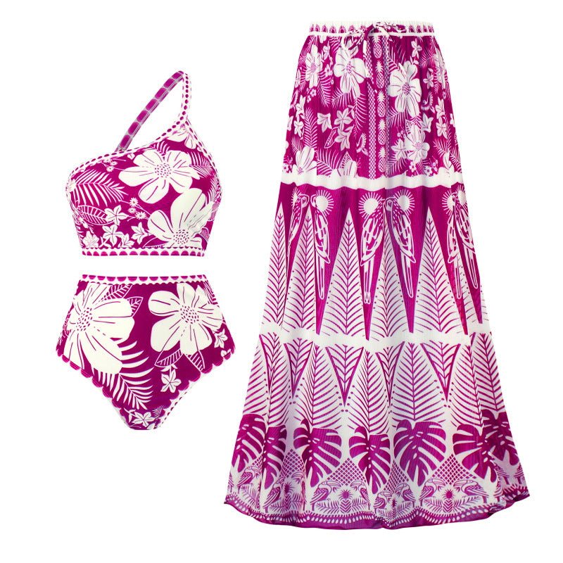 Floral One Shoulder High Waist Bikini Swimwear With Coverup Skirt By Sinderella - Sinderella