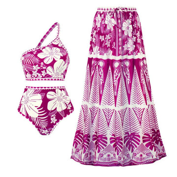 Floral One Shoulder High Waist Bikini Swimwear With Coverup Skirt By Sinderella - Sinderella