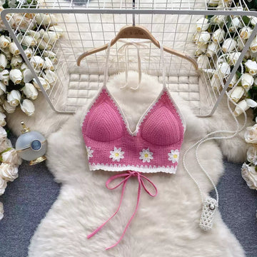 Floral Tie Knot Backless Crochet Bikini Top - Sinderella