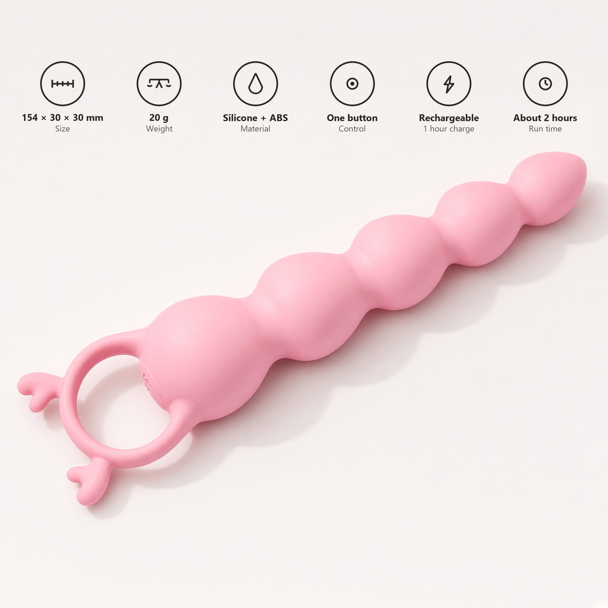 Hirni specifications: 154 x 30 x 30 mm, 20 g, silicone and ABS, one button, rechargeable, about 2 hours run time