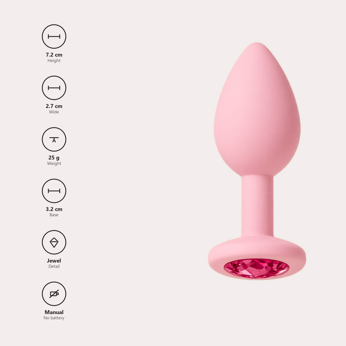 Shararat specifications: 7.2 cm long, 2.7 cm wide, 25 g, 3.2 cm base, jewel detail, no battery