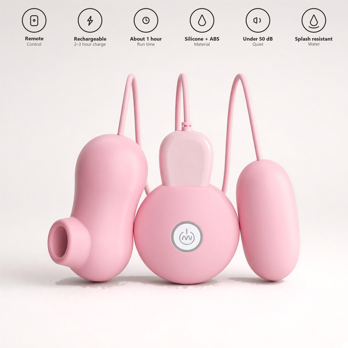 Jugalbandi specifications: remote control, rechargeable, about 1 hour run time, silicone and ABS, under 50 dB, splash resistant