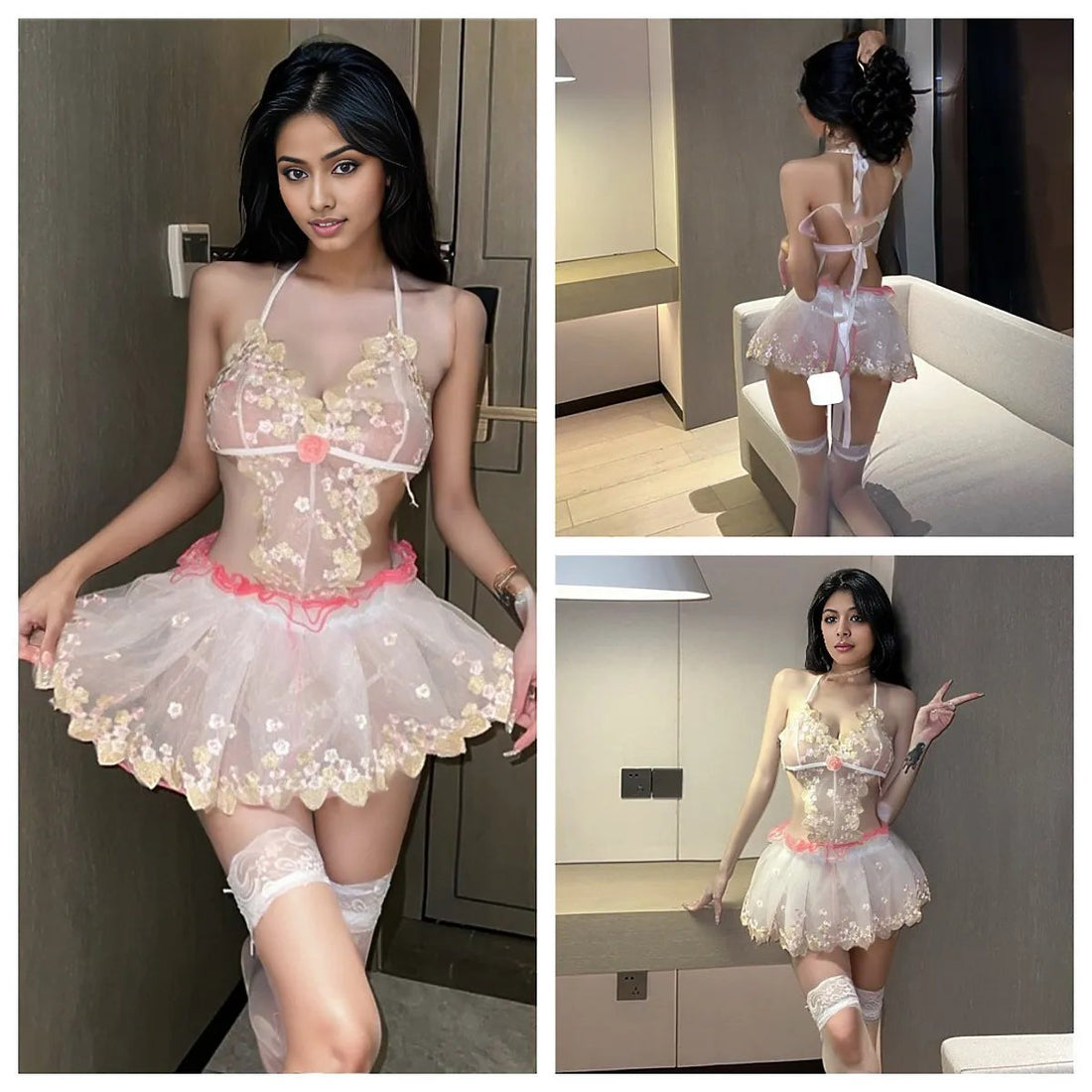 Laney Floral Sheer Two Piece Lingerie With Stockings - Sinderella