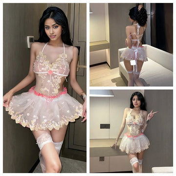 Laney Floral Sheer Two Piece Lingerie With Stockings - Sinderella