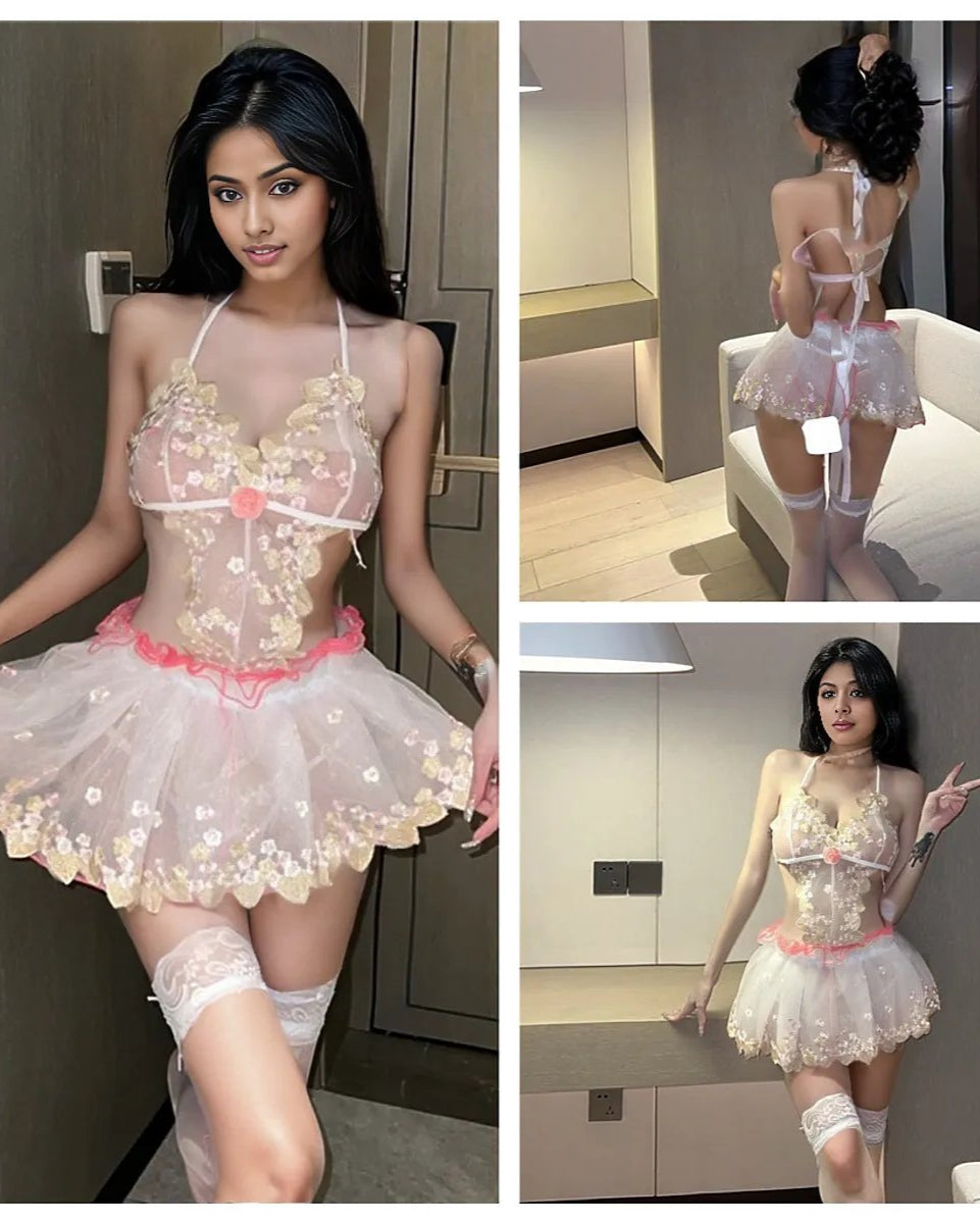 Laney Floral Sheer Two Piece Lingerie With Stockings - Sinderella