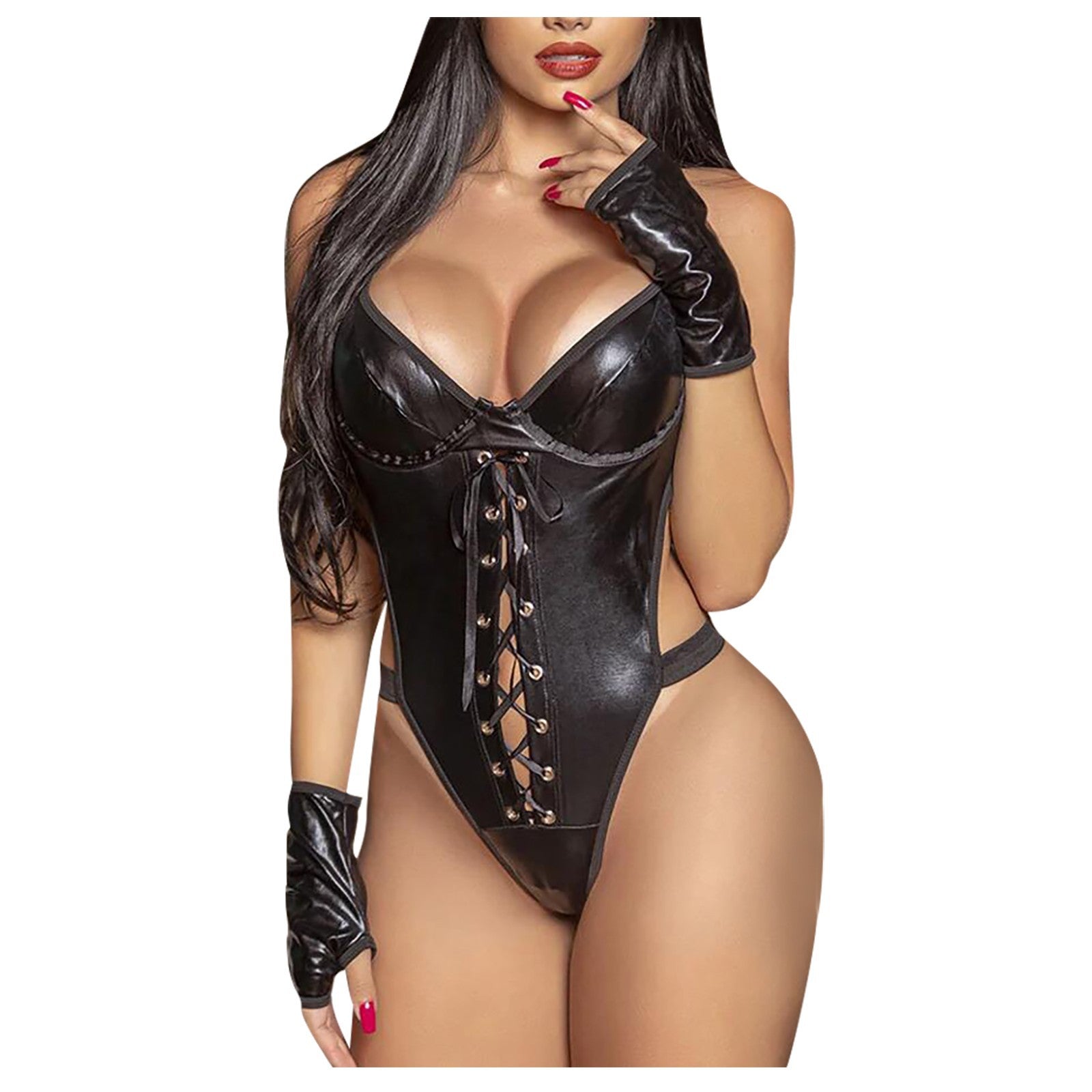 Liquid Leather Fantasy Laced Built - In Bra Bodysuit Lingerie - Sinderella