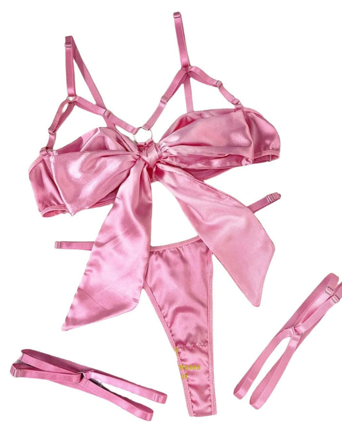 Kamal — Three-Piece Satin Bow Lingerie & Thigh-Garter Set