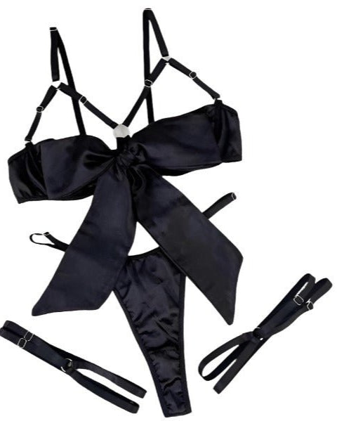 Kamal — Three-Piece Satin Bow Lingerie & Thigh-Garter Set