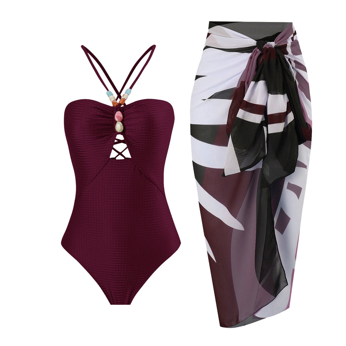 Monokini Back Tieup Solid Color Swimsuit with Floral Sarong By Sinderella - Sinderella