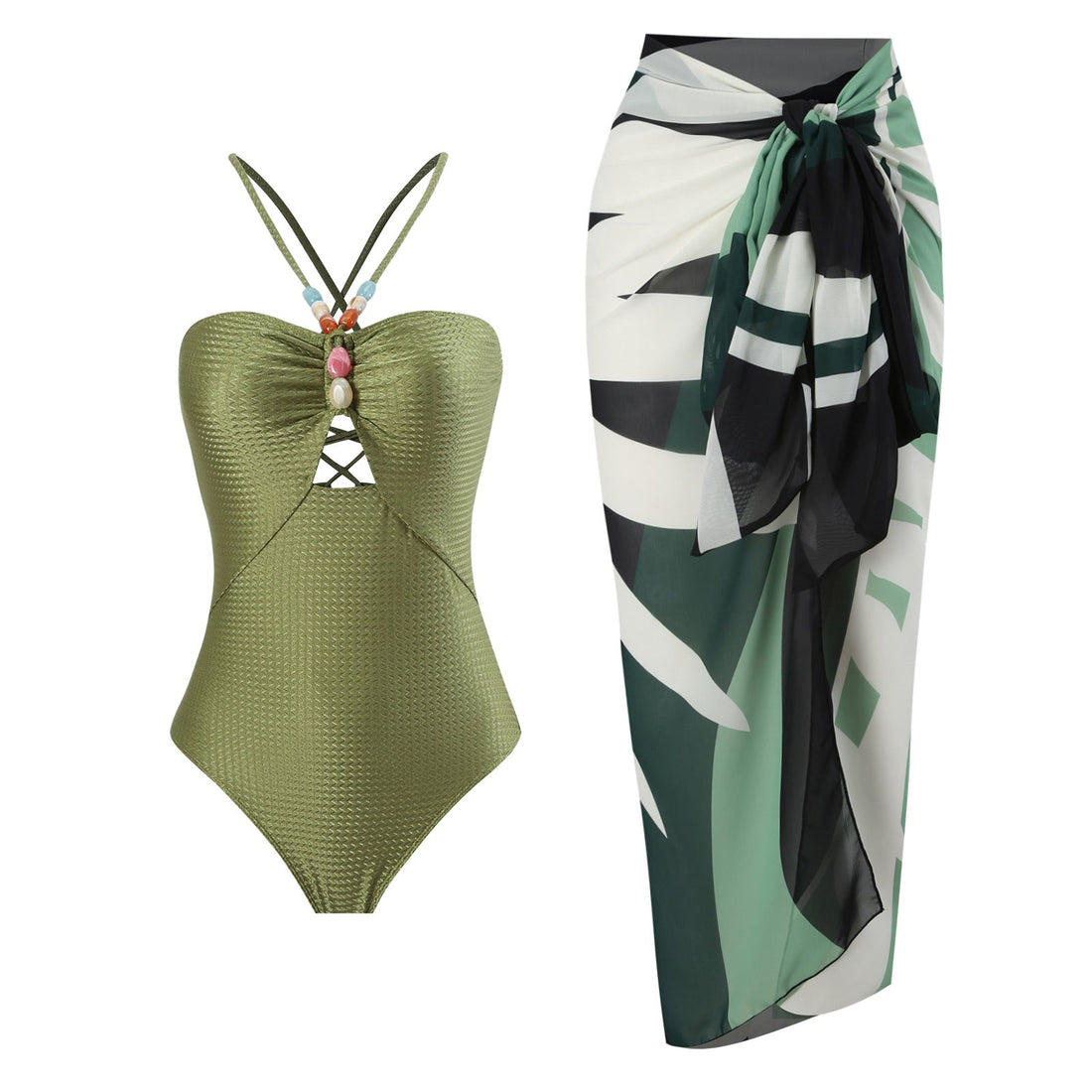 Monokini Back Tieup Solid Color Swimsuit with Floral Sarong By Sinderella - Sinderella