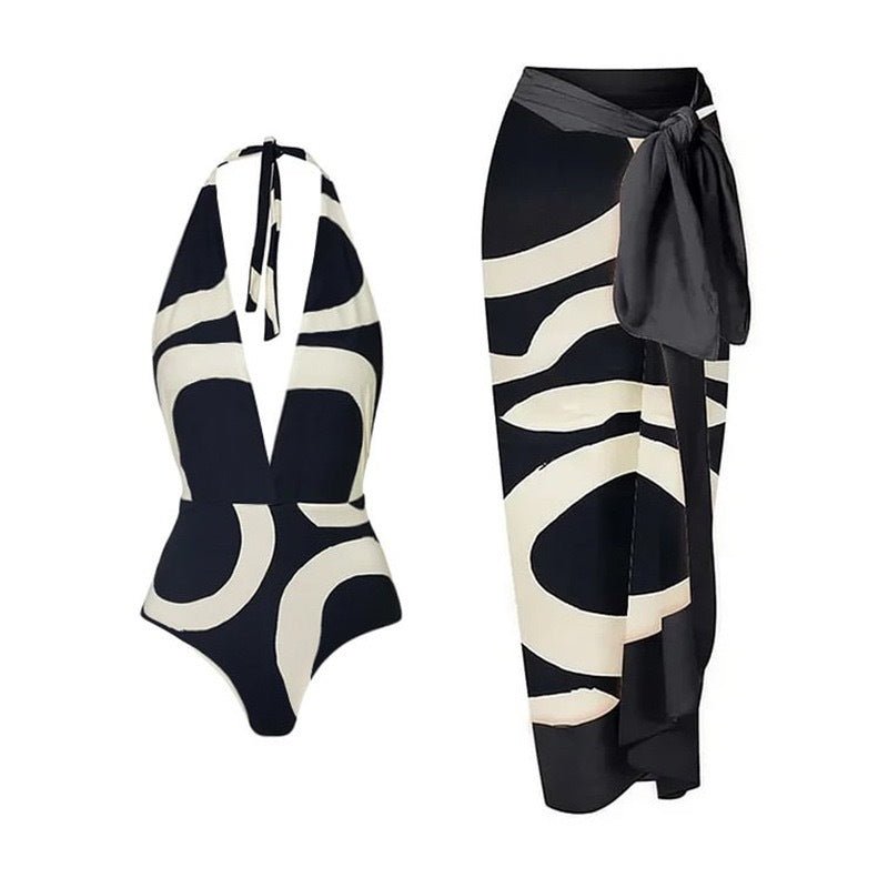 Monokini Backless Black Color Swimsuit With Sarong By Sinderella - Sinderella