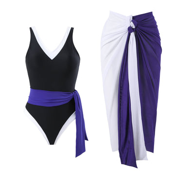 Monokini Color Block Swimsuit With Slimming Skirt By Sinderella - Sinderella