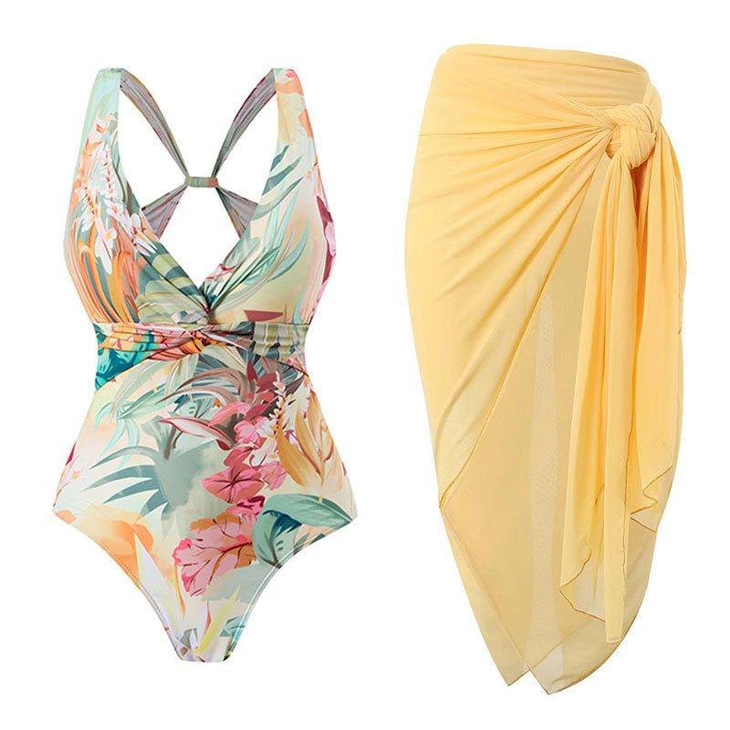 Monokini Criss Cross Back Floral Swimsuit With Short Sarong By Sinderella - Sinderella