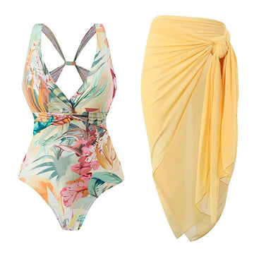 Monokini Criss Cross Back Floral Swimsuit With Short Sarong By Sinderella - Sinderella