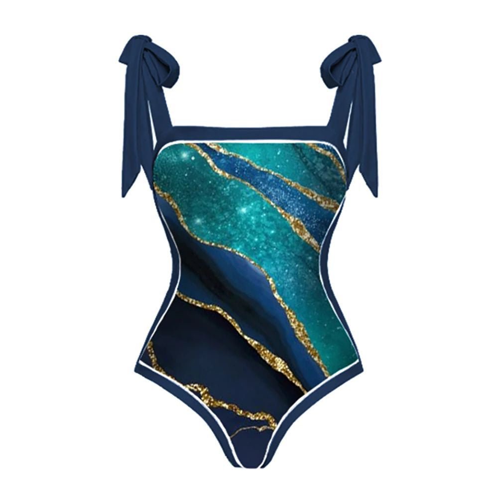 Monokini Galaxy Print Tie Up Swimsuit With Wrap Around Tie Up Sarong Skirt By Sinderella - Sinderella
