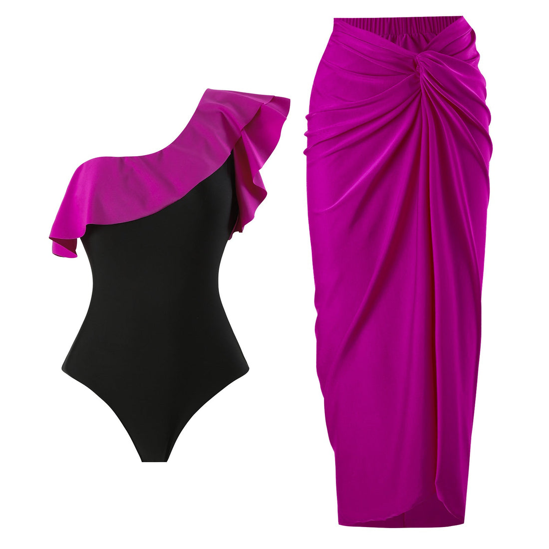 Monokini One Shoulder Black and Pink Swimsuit With Coverup Skirt By Sinderella - Sinderella