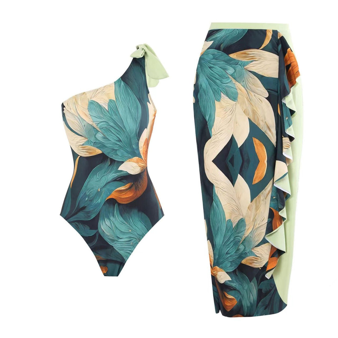 Monokini One Shoulder Multicolor Swimsuit With Ruffle Skirt By Sinderella - Sinderella