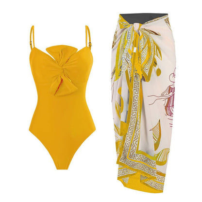 Monokini Solid Color Swimsuit with Floral Sarong By Sinderella - Sinderella