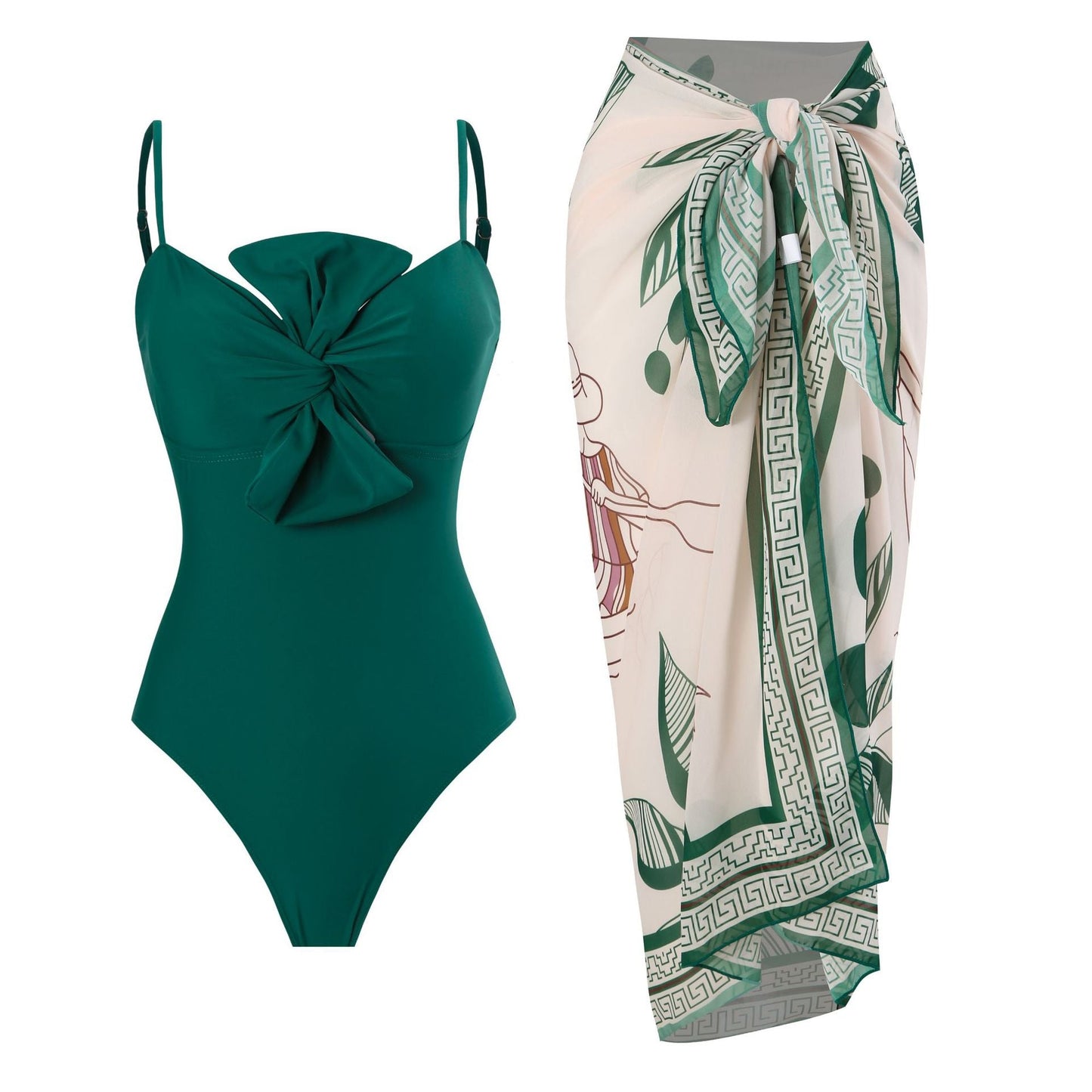 Monokini Solid Color Swimsuit with Floral Sarong By Sinderella - Sinderella