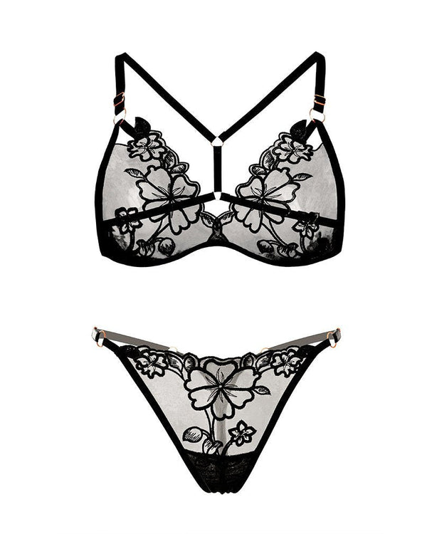 Just One Look mesh floral lingerie set in sheer black — Sinderella
