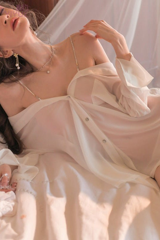Rekha — Three-Piece Sheer Button-Front Shirt Set with Bottom & Shoulder Chain