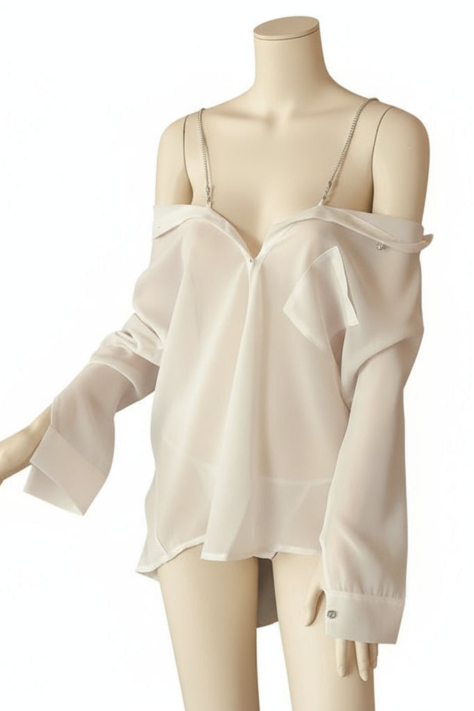 Rekha — Three-Piece Sheer Button-Front Shirt Set with Bottom & Shoulder Chain