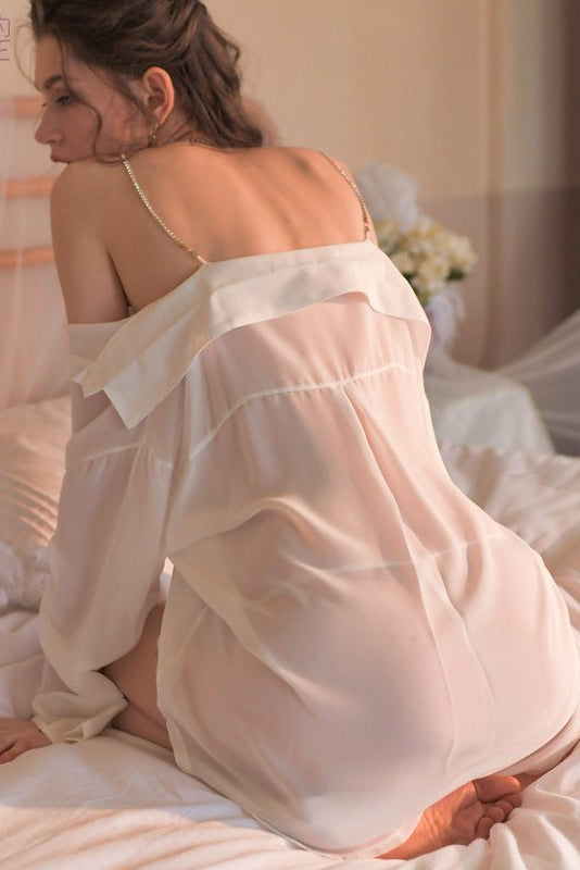 Rekha — Three-Piece Sheer Button-Front Shirt Set with Bottom & Shoulder Chain