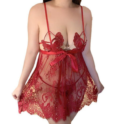 Plus Size Two Piece Lace Mesh Babydoll Lingerie Set - Sinderella