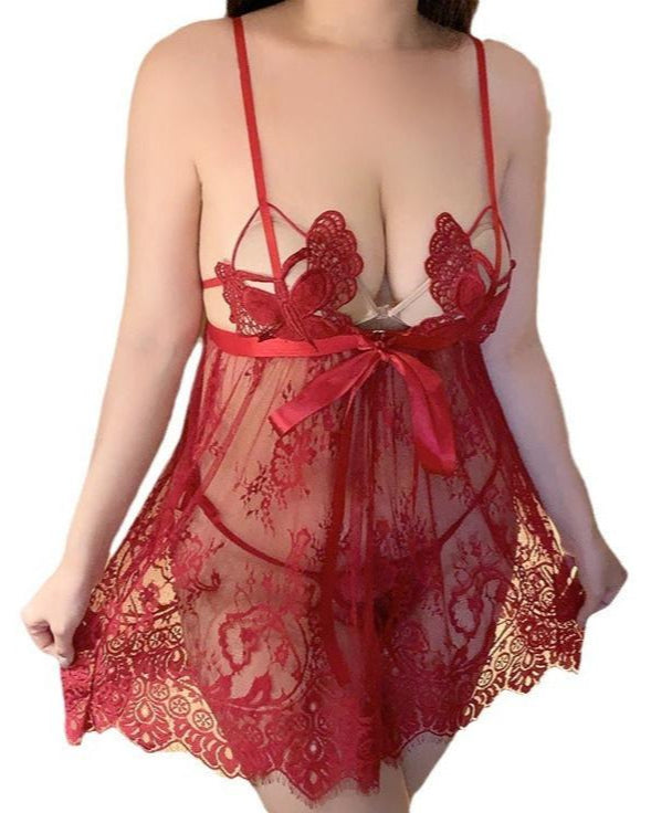 Plus Size Two Piece Lace Mesh Babydoll Lingerie Set - Sinderella