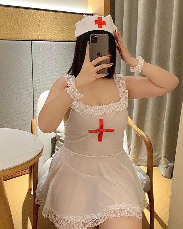 Plus Size Two Piece Nurse Roleplay Lingerie Set With Cap - Sinderella