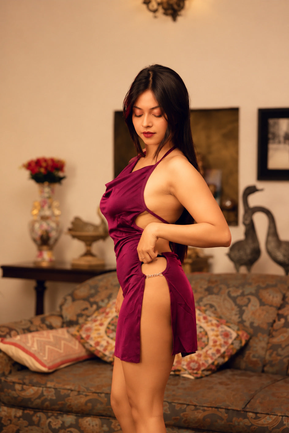 Narmi — Backless Satin Cowl Mini Dress