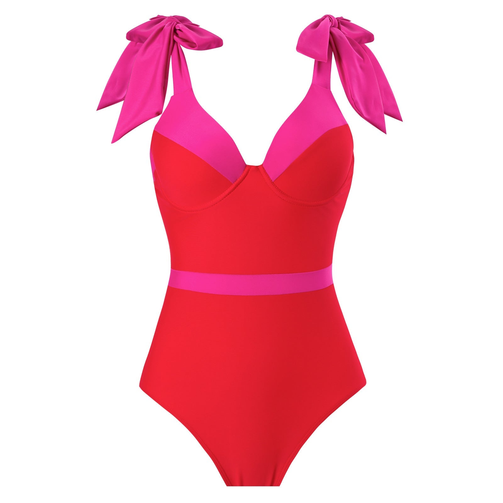 Red And Pink Tie Up Monokini With Middle Slit Skirt by Sinderella - Sinderella