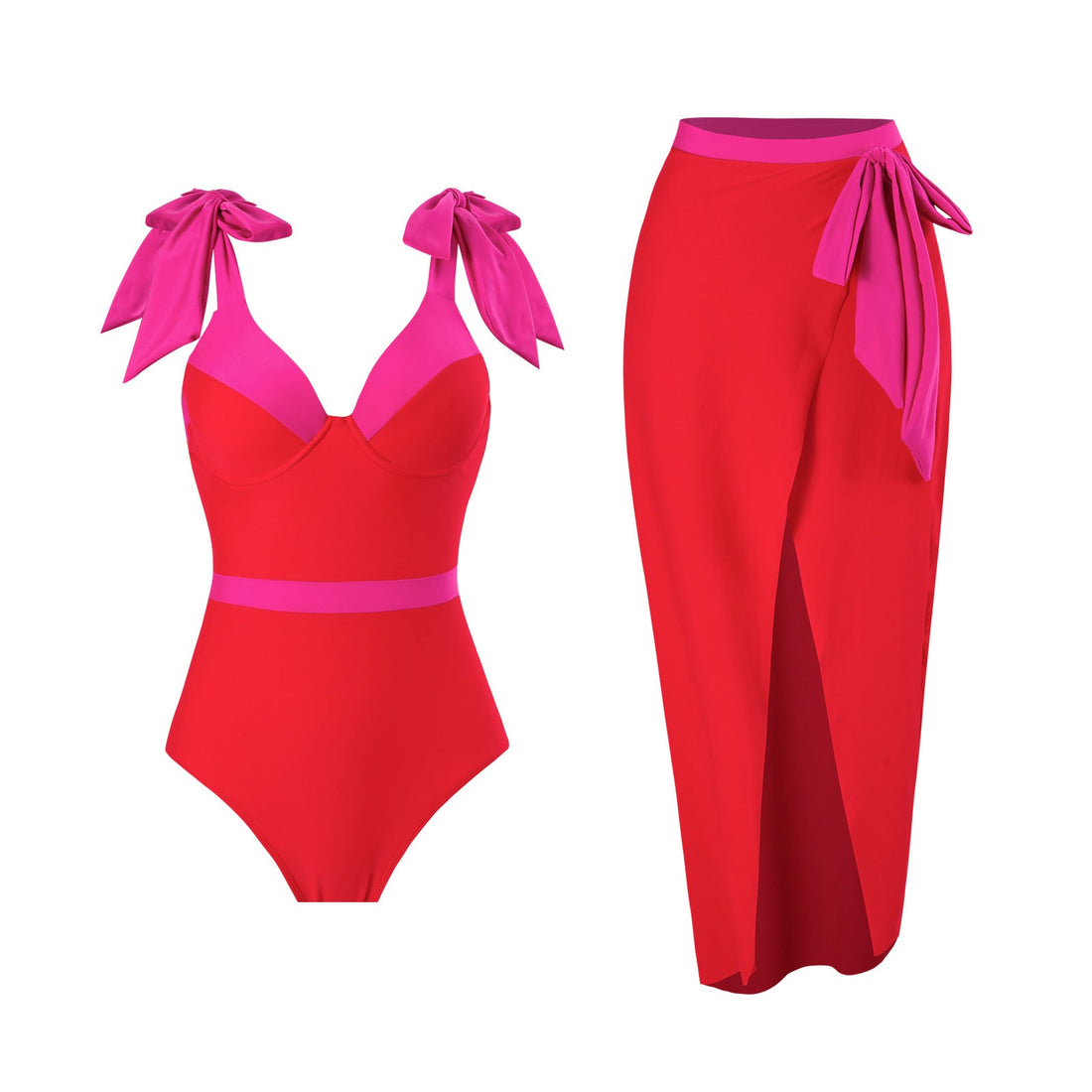 Red And Pink Tie Up Monokini With Middle Slit Skirt by Sinderella - Sinderella