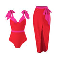 Red And Pink Tie Up Monokini With Middle Slit Skirt by Sinderella - Sinderella