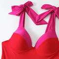 Red And Pink Tie Up Monokini With Middle Slit Skirt by Sinderella - Sinderella