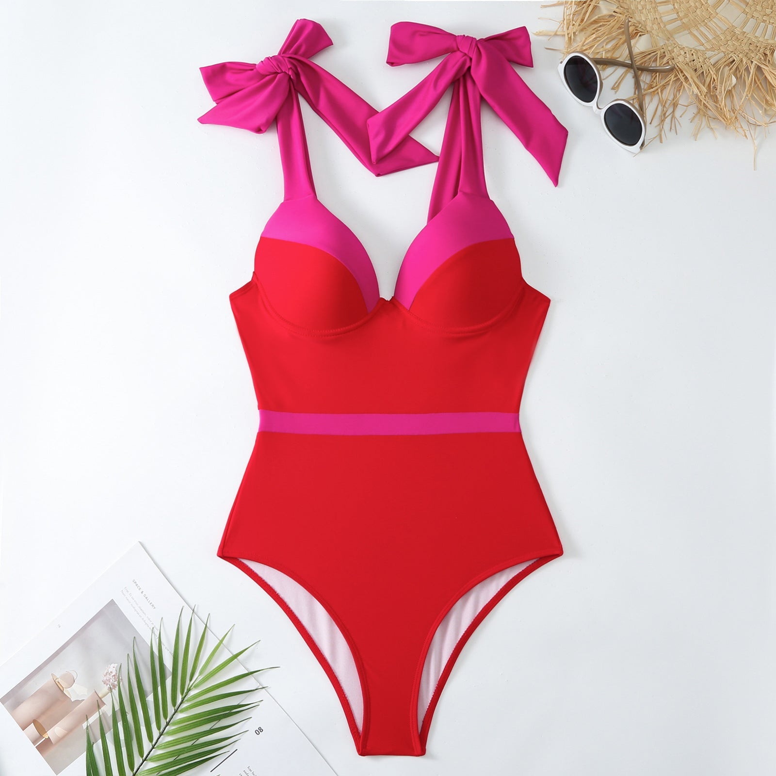 Red And Pink Tie Up Monokini With Middle Slit Skirt by Sinderella - Sinderella