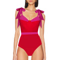 Red And Pink Tie Up Monokini With Middle Slit Skirt by Sinderella - Sinderella