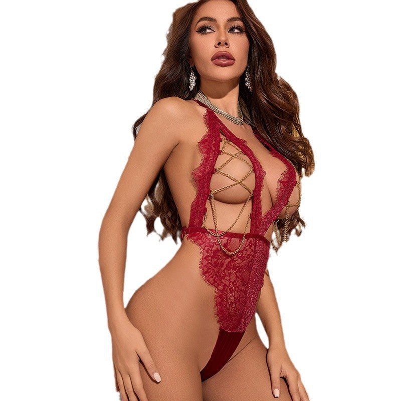 Red Flag Energy Lace & Chain Halter Teddy Lingerie - Sinderella