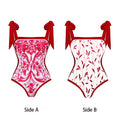 Reversible Red Pink One Piece Tie Up Swimsuit With Floral Skirt By Sinderella - Sinderella