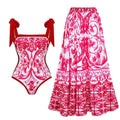 Reversible Red Pink One Piece Tie Up Swimsuit With Floral Skirt By Sinderella - Sinderella