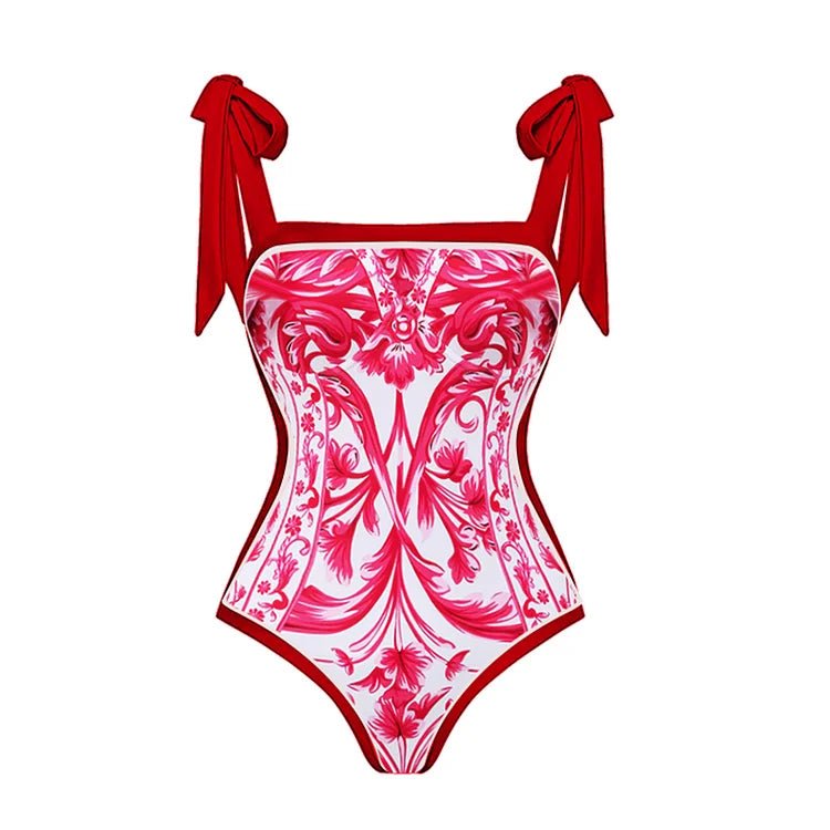 Reversible Red Pink One Piece Tie Up Swimsuit With Floral Skirt By Sinderella - Sinderella