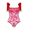 Reversible Red Pink One Piece Tie Up Swimsuit With Floral Skirt By Sinderella - Sinderella