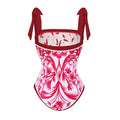 Reversible Red Pink One Piece Tie Up Swimsuit With Floral Skirt By Sinderella - Sinderella