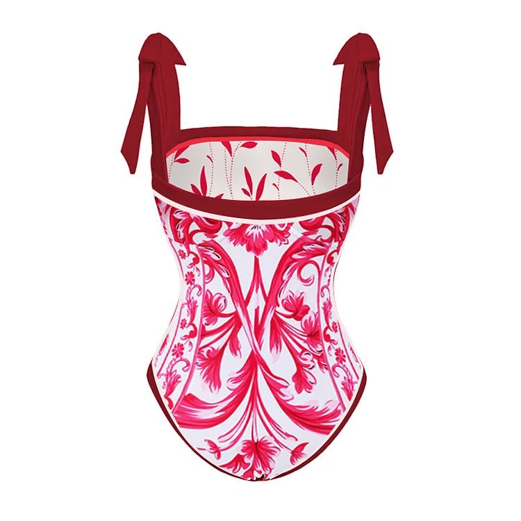 Reversible Red Pink One Piece Tie Up Swimsuit With Floral Skirt By Sinderella - Sinderella