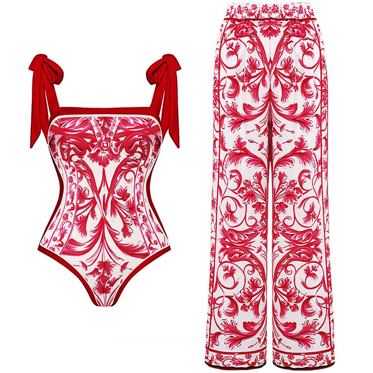 Reversible Red Pink One Piece Tie Up Swimsuit With Pants By Sinderella - Sinderella