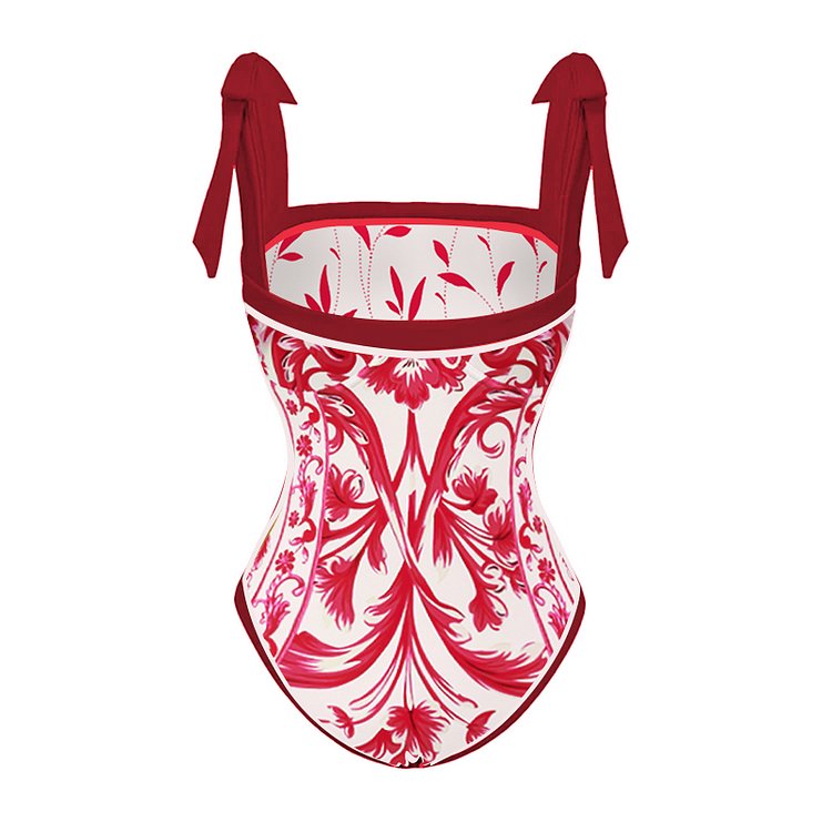 Reversible Red Pink One Piece Tie Up Swimsuit With Pants By Sinderella - Sinderella