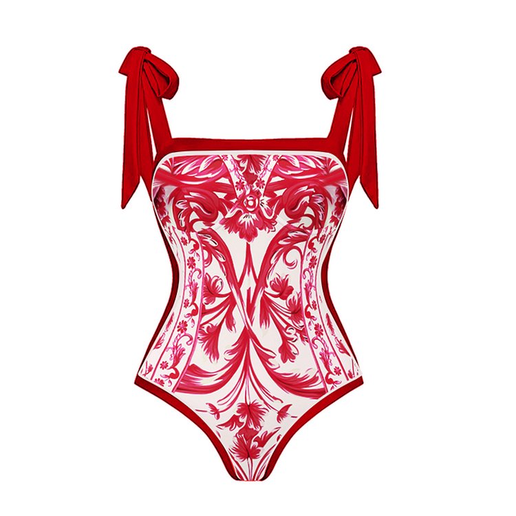 Reversible Red Pink One Piece Tie Up Swimsuit With Pants By Sinderella - Sinderella