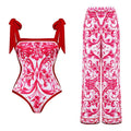 Reversible Red Pink One Piece Tie Up Swimsuit With Pants By Sinderella - Sinderella