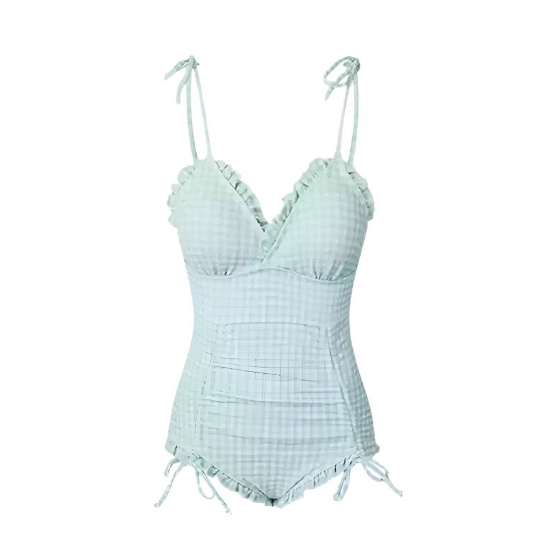 Ruched Gingham Design With Tie up Strap Monokini By Sinderella - Sinderella