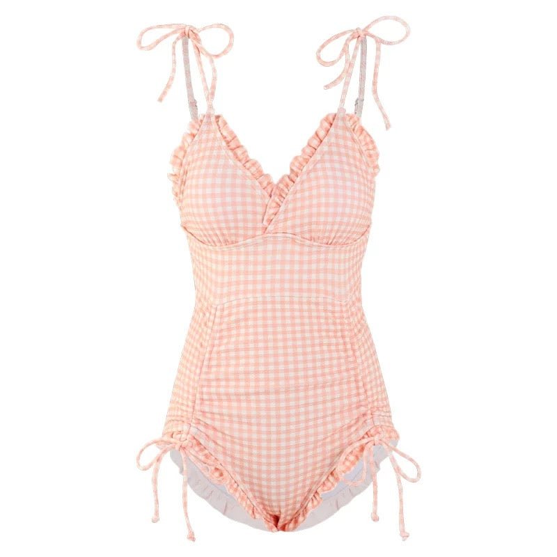 Ruched Gingham Design With Tie up Strap Monokini By Sinderella - Sinderella